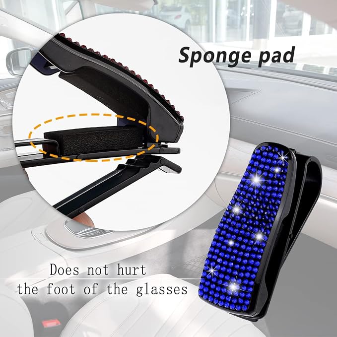 Set of 2 Bling Rhinestone Car Sun Visor Glasses Holders with Anti-Scratch Sponge,Car Decoration for Women Girls,Ticket Card Clip Visor Organizer,Universal Rhinestone Car Accessories (Jewel Blue)
