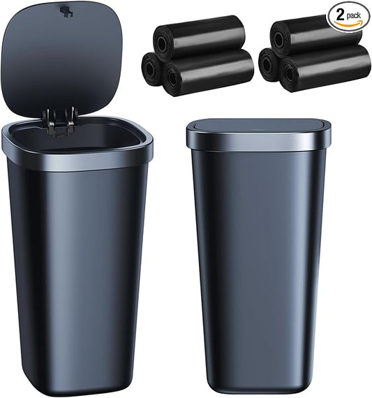 2 Pack Mini Car Trash Can with Lid and 90 Bags, Small Cup Holder Trash Can for Car Door Home Office Bedroom Desktop - Waterproof & Odor Blocking (2Black)