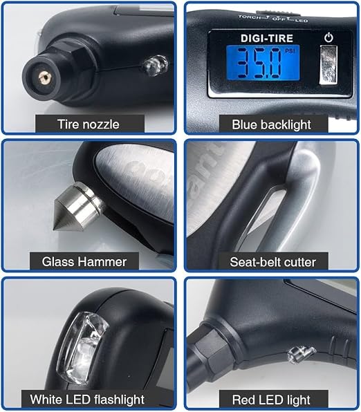 Digital Tire Pressure Gauge 150 PSI – 5-in-1 Emergency Tool for Cars, Trucks & Bikes – Includes Seatbelt Cutter, Window Breaker, LED Flashlight & Red Safety Light - 2 Pack