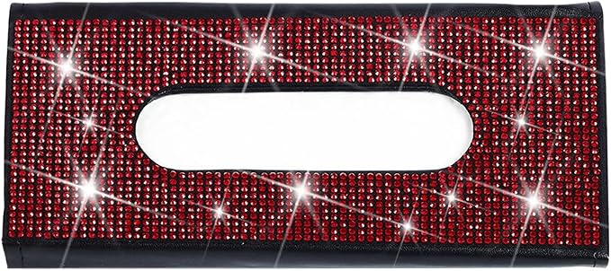 Bling Car Sun Visor Tissue Box Holder, Leather Automotive Napkin Box Holder Organizer with Crystal Rhinestone, Sparkling Vehicles Sun Visor Paper Towel Cover Case, Universal Fit (Red)