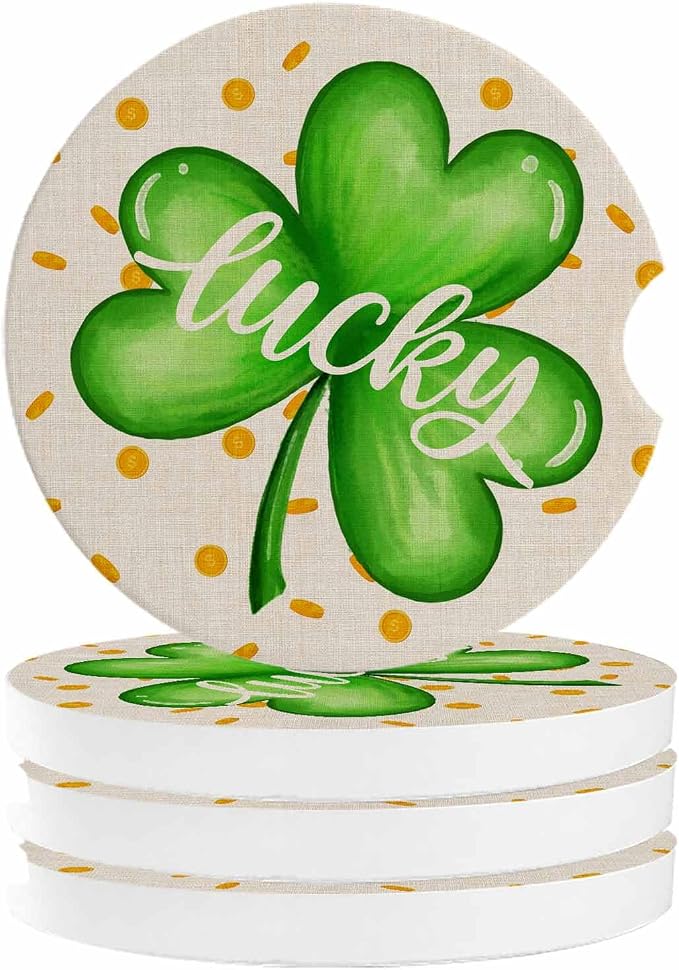Car Coasters for Cup Holders 2.6" Dia Absorbent Coasters Set of 4 Car Interior Accessories for Women St. Patrick's Day Four Leaf Clover Gold Coin Ceramic Car Coaster for Drinks with Finger Grooves