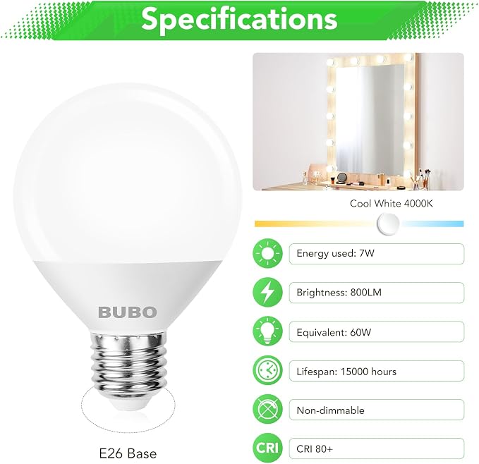 BUBO Vanity Light Bulbs 60 Watt Equivalent, Bathroom Light Bulbs Cool White 4000K, G25 Globe Round Light Bulb 800 Lumens, E26 Medium Base, 7W, Non-Dimmable, 6 Pack