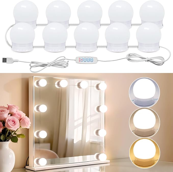 LED Vanity Lights for Mirror,10 Dimmable Bulbs,3000K 4500K 6500K & Brightness Adjustable,Hollywood Mirror Lights for Makeup Dressing Room