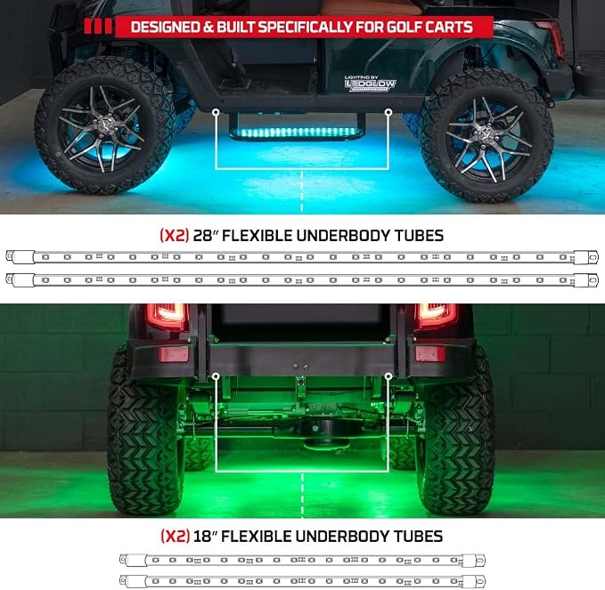 LEDGlow 4pc Million Color LED Golf Cart Underglow Kit for 12V 4-Seater | Accent Neon Lights Fit EZGO Yamaha Club Car ICON, Multi-Color Water Resistant Flex Tubes, 10 Solid Colors, 16 Modes