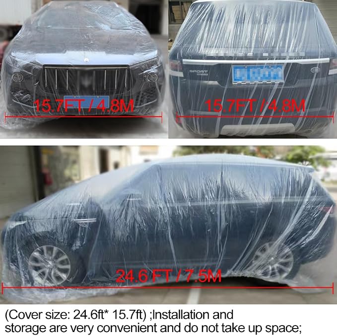 Blue 4 Packs Disposable Car Cover Clear Plastic Car Cover Universal Rain Dust Garage Cover with Elastic Band Medium (15.7FT x 24.6FT)