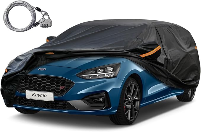 Kayme Hatchback Car Cover for Automobiles All Weather Waterproof, Outdoor Cover Sun Rain Protection, with Lock and Zipper Door, Universal Fit Ford Focus, Mazda 3 Hatchback (Up to 177 Inch) H7/Black