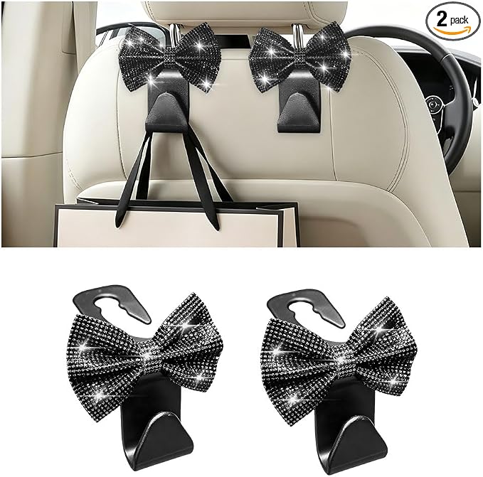 2PCS Bling Bow Headrest Hooks, Car Seat Bag Hangers, Black | Pvc and rhinestone construction, butterfly bow decoration, rear seat storage, bag and coat hanging, car interior accessories