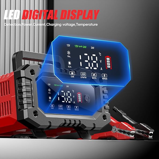 Car Battery Charger 20Amp, 12V 24V LiFePO4 Lead Acid Automatic Smart Battery Maintainer,Trickle Charger Automotive & Desulfator, Repair & Winter Mode w/Protections For AGM STD Gel Deep Cycle Batteries