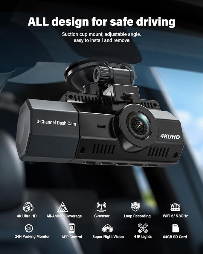 4K+2.5K+2.5K Dash Cam, IMX675 STARVIS 2 Dash Camera 3-Channel, Free 64GB Card, Dashcam with 5G WiFi GPS, G-Sensor,Loop Recording, HDR, 24H Parking Monitor, Car Dash Cam for Rideshare & Taxi