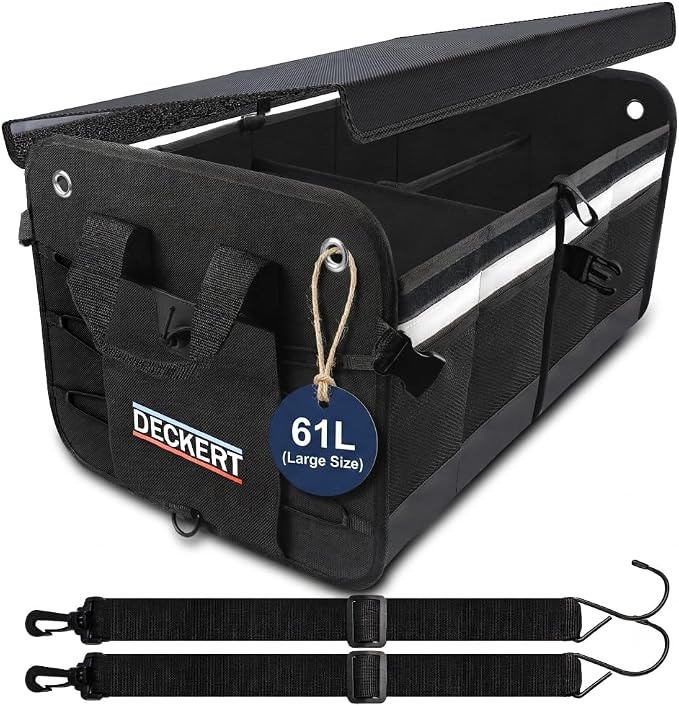 Deckert Large Size 61L Car SUV Trunk Organizer, 600D Oxford Polyester, Collapsible, Multi compartments, Securing straps, Suitable for any car type, Black with Reflective Stripes