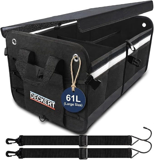 Deckert Large Size 61L Car SUV Trunk Organizer, 600D Oxford Polyester, Collapsible, Multi compartments, Securing straps, Suitable for any car type, Black with Reflective Stripes
