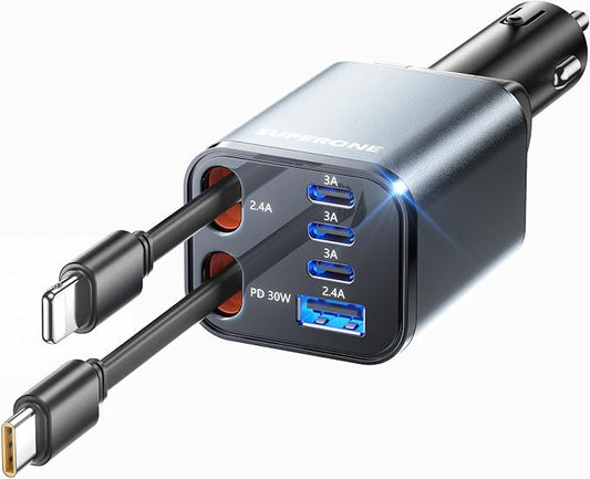 Upgraded SUPERONE Retractable Car Charger, [Ultra-Compact] 6-Port Car Charger USB C, iPhone Car Chargers Fast Charging with USB C & Apple Cable, RV Power Adapter for iPhone 17/16/15/14/13/12 | iPhone Car Chargers Fast Charging with USB C & Apple Cable,...