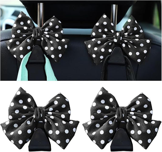 Mandark 2PCS Car Seat Hooks - Cute Bow Vehicle Hooks for Purses & Bags, Universal for SUV, Sedan, Truck (Black/Polka Dot)