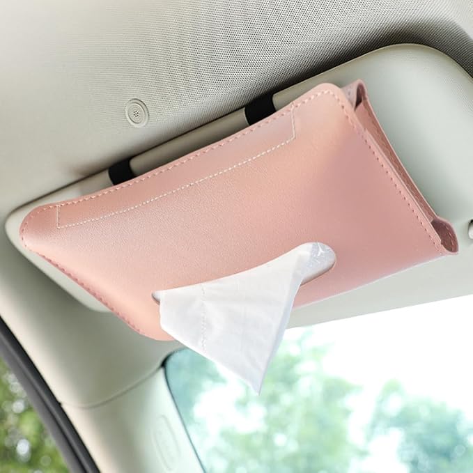 smilfuy Car Visor Tissue Holder, Leather Car Mask Dispenser, Hanging Car Napkin Holder, Car Mask Holder, Sun Visor Accessory Universal for Most Vehicles (Pink), 9.17×5.31 inch