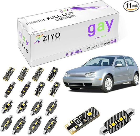 PL9140A - LED Interior Light Kit for Volkswagen Golf GTI R32 MK4 1997-2004 Dome Light Bulbs Replacement Package, 6000K Xenon White LED Lights Upgrade Error Free (11 Bulbs)