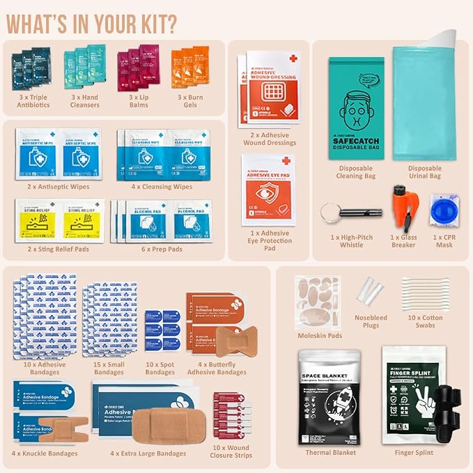 EVERLIT CARE Car First Aid Kit with Emergency Supplies Survival Gear Including Window Breaker Disposable Urine Bag Mountable Survival Kit for Family Travel in Car (Cyan)