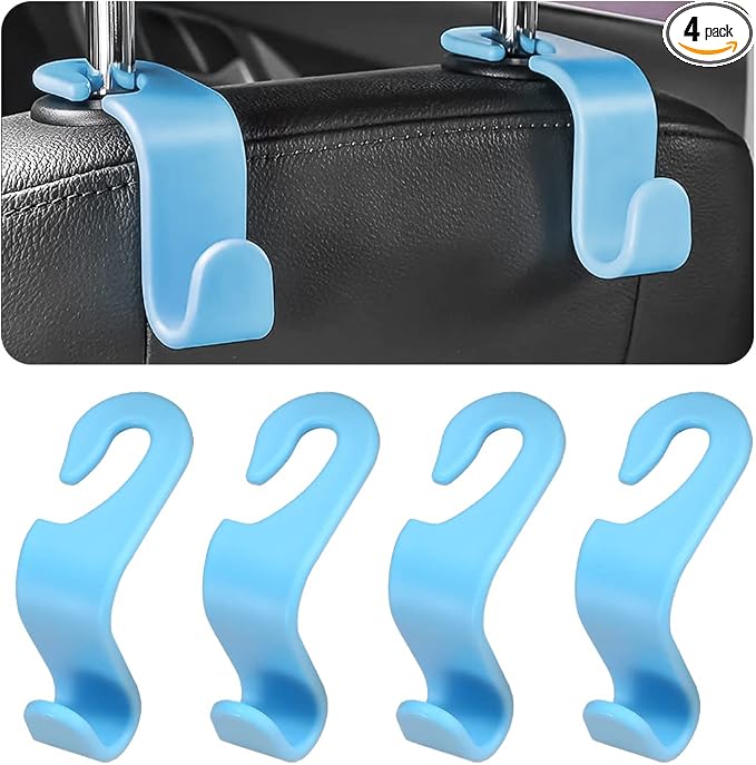 8sanlione Car Back Seat Headrest Hooks, 4PCS Vehicle Backseat Storage Organizer Hanger, Multifunctional Auto Headrest Hidden Hook Universal for Handbag Purse Backpacks Bags (Light Blue)