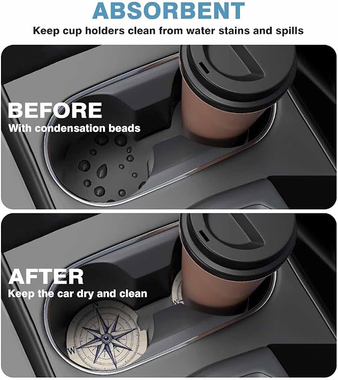 Compass Wind Rose 2 Pack Car Cup Holder Coaster Anti Slip Insert Absorbent Ceramic Car Coaster with Cork Base and Finger Notch Cute Car Accessories Interior for Women Men