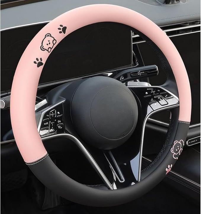 15 Inches Universal Round Leather Car Steering Wheel Cover, Cute Bear Soft Breathable Non-Slip Steering Wheel Protector Wrap (Pink-Black)