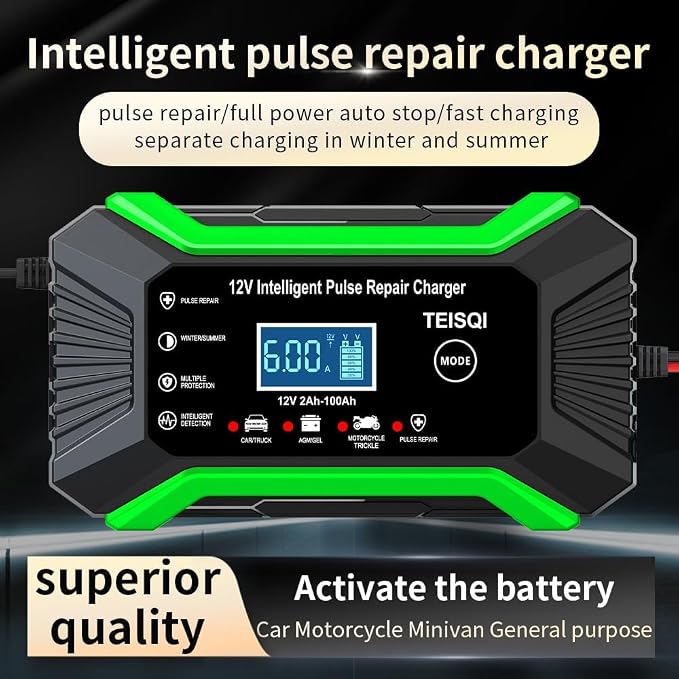 Car Battery Charger, 12V 6A Smart Battery Trickle Charger Automotive 12V Battery Maintainer Desulfator with Temperature Compensation for Car Motorcycle Mower Marine Lead Acid Batteries (Green)