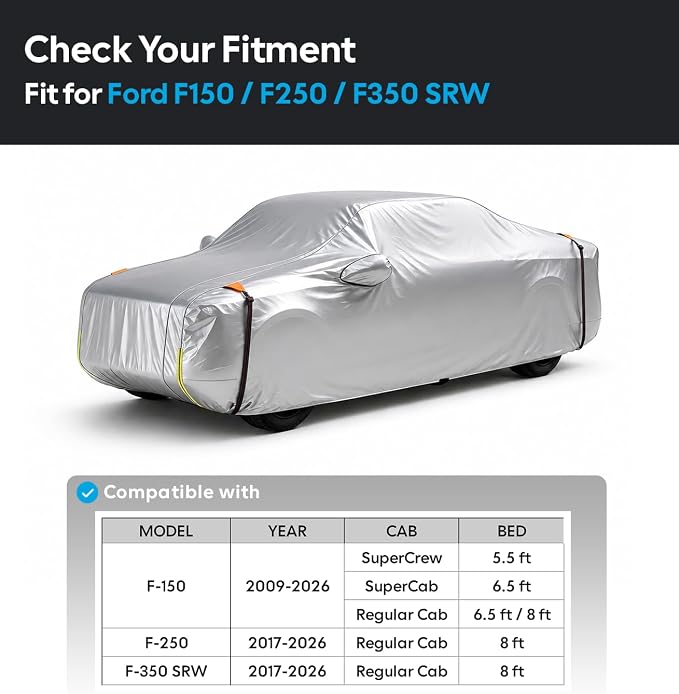 Wigoo Ford F150 F250 F350 SRW Truck Car Cover Accessories 2009-2026, Waterproof All Weather Outdoor Full Pickup Cover, Windproof UV Rain Snow Dust Protection, Door Zipper, Reflective Safety Strips