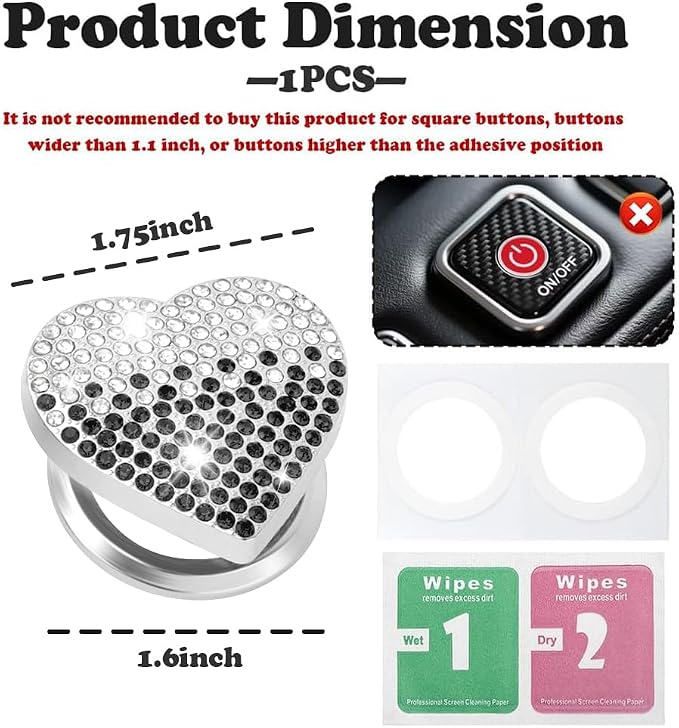 IHOTDER Bling Push Start Button Cover with Rhinestone,Heart Push to Start Button Cover for Car Decor,Diamond Engine Start Buttons Cover Car Accessories Interior for Women & Girl (Black/White)