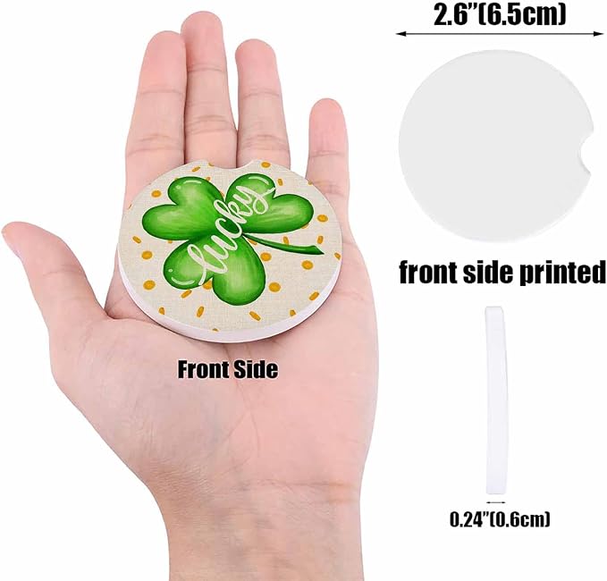 Car Coasters for Cup Holders 2.6" Dia Absorbent Coasters Set of 6 Car Interior Accessories for Women St. Patrick's Day Four Leaf Clover Gold Coin Ceramic Car Coaster for Drinks with Finger Grooves