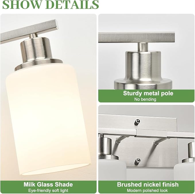 MOKATNG 3-Light Bathroom Light Fixtures, Brushed Nickel Vanity Light with Milky White Shades, Bathroom Lighting Fixtures Over Mirror, Modern Bathroom Wall Lamp for Mirror Living Room Cabinet Bedroom