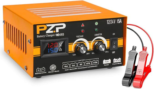 PZP 0-15Amp12V 24V Manual Battery Charger Maintainer, Arbitrarily Adjustable Car Battery Trickle Charger, Battery Desulfator with Repair, Winter Mode, Suitable for Motorcycle Car Truck Lawnmower Boat