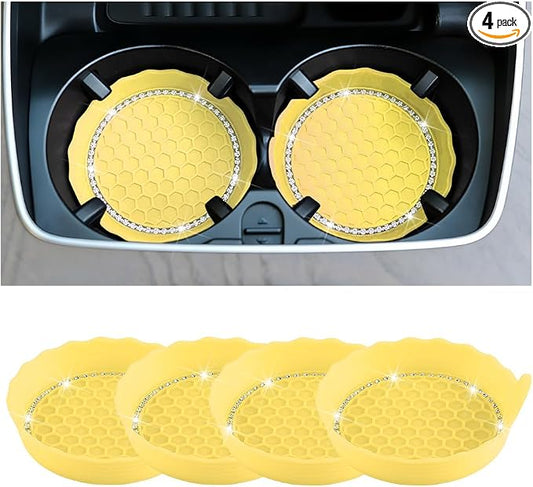 HZEL 4PCS Bling Car Cup Holder Coaster, Shiny Crystal Rhinestone Silicone Dustproof Drink Cup Insert Pad, Dazzling Automotive Interior Water Bottle Holder Embedded Mat, Universal Fit (Yellow)