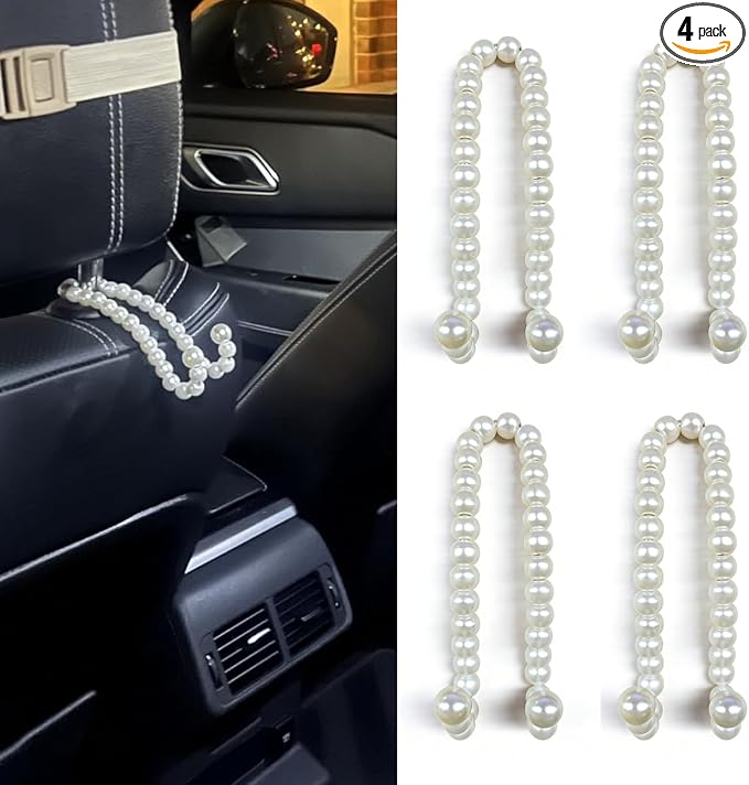 Elegant Pearl Car Seat Headrest Hook, Cute Automotive Seat Back Storage Hangers, Handbag & Purse Organizer Hook, Universal Vehicle Interior Decoration Accessories for Women Girls(4PCS)