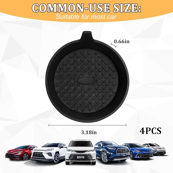 4PCS Car Cup Holder Coaster, Silicone Non-Slip Shockproof Vehicle Drink Cup Insert Mat, Dustproof Embedded Automotive Interior Water Bottle Pad, Universal for SUV Van Truck (Black)