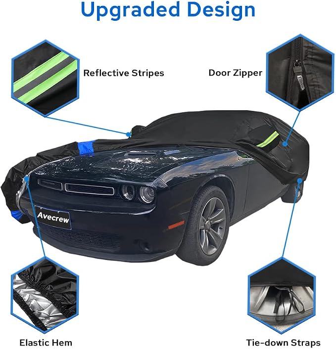 Avecrew Dodge Challenger Car Cover Waterproof All Weather for Automobiles, Outdoor Full Exterior Covers Fit 2008-2026 Dodge Challenger with Windproof Strap and Driver Door Zipper