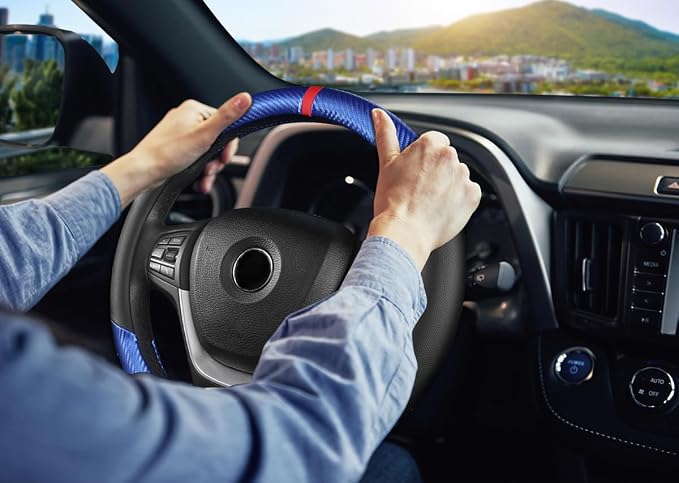 KAFEEK Carbon Fiber Steering Wheel Cover for Men, Car Accessories, Blue | Universal 15 Inch Sporty & Thin Cover, Anti-Slip Breathable Leather with Racing Red Center Stripe