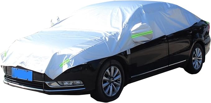 Shakas Half Car Cover, Sun Protection Heat Insulation and Anti-hail Protector for All Seasons, Oxford Velvet Thickened Waterproof Foldable Outdoor Car Cover, for Most Sedans (Silver)