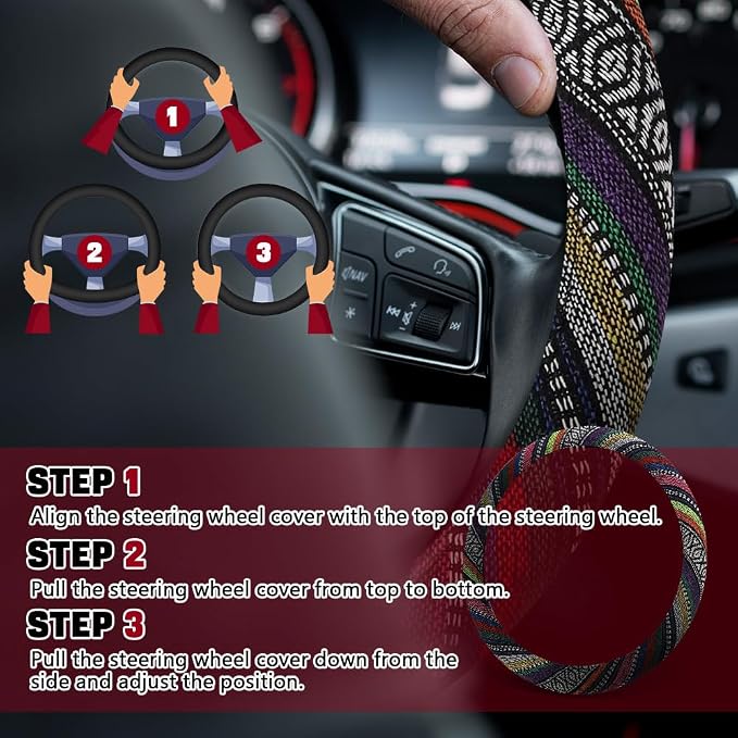 Boho Steering Wheel Cover, Ethnic Style Car Steering Wheel Cover Protector, Anti-Slip Flax Cloth Cover Universal Fits 14.5-15 Inch Steering Wheel, Interior Car Accessories(B Style)