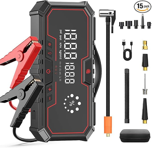 Jump Starter with air Compressor, 5000A Emergency Starter Jump Box (Gas 9L/Diesel 8L), Jumper Cable Jump Starter Portable with air Compressor 160PSI, car Roadside Emergency kit, SOS Light