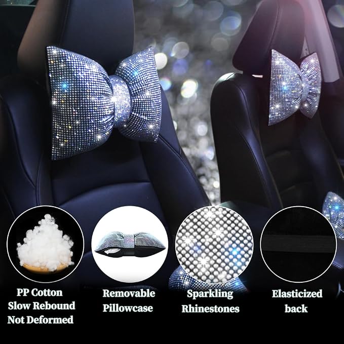 Car Neck Pillows Bowknot Car Headrest Cushion Crystal Rhinestone Diamond Bling Accessories for Women Driving Comfort Neck Support Pillow White 2Pcs