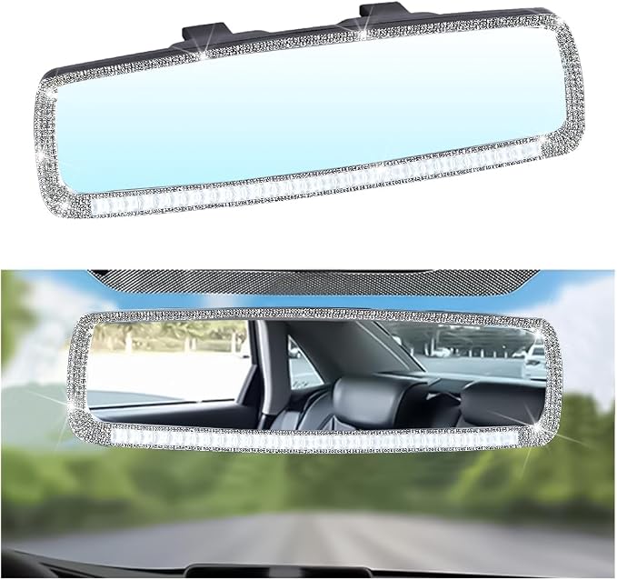 Bling Car Rear View Mirror, Crystal Rhinestones Auto Rearview Mirror with HD Glass, Universal for Most Cars, RVs, Trucks, Vehicle Interior Accessories for Women Girl (White)