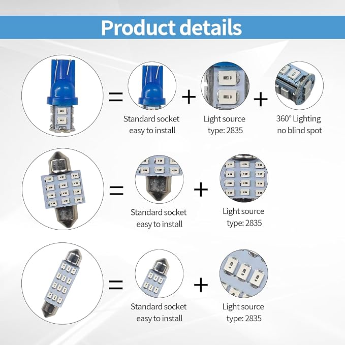 JOYCOURT 24PCS Car Interior LED Bulb, Dome Light LED Car Interior Replacement Bulb Kit Set T10 31 mm 41 mm for Vehicle Interior, Indoor Map Dome Lights, License Lights, Trunk Light, Etc.