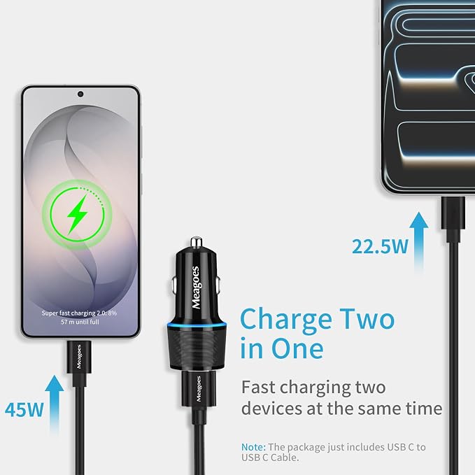 67.5W Car Charger USB C Super Fast Charging, 45W USBC & QC3.0 Port Plug for iPhone 17 Pro Max/Air/16/15/iPad, Samsung S26/S25 Android Cell Phone, Dual 12V Cigarette Lighter Adapter + 5 ft Type C Cable