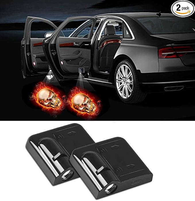 NewL 2 Pcs Led Car Door Welcome Projector Light for Red Fire Skull | Clear ghost shadow projection, no damage to wiring, easy to install on car doors, universal fit for most vehicles