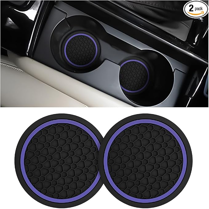 Mandark 2PCS Car Cup Holder Coasters, 2.75 Inch Non-Slip Insert Water Bottle Holder Pads, Dustproof Automotive Interior Accessories Mat, Universal for Vehicles, Trucks, RVs and More(Black/Purple)