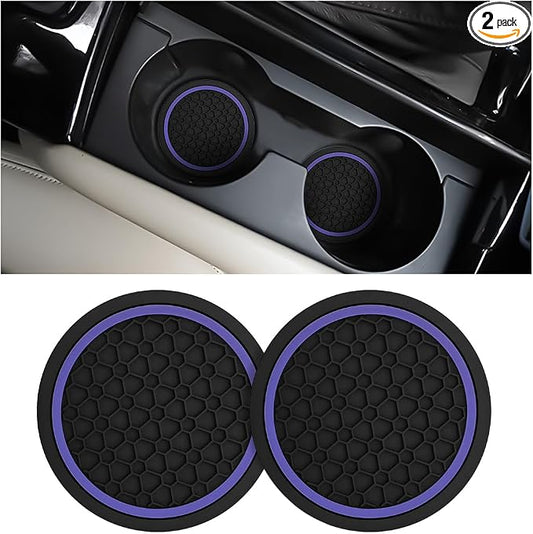 Mandark 2PCS Car Cup Holder Coasters, 2.75 Inch Non-Slip Insert Water Bottle Holder Pads, Dustproof Automotive Interior Accessories Mat, Universal for Vehicles, Trucks, RVs and More(Black/Purple)