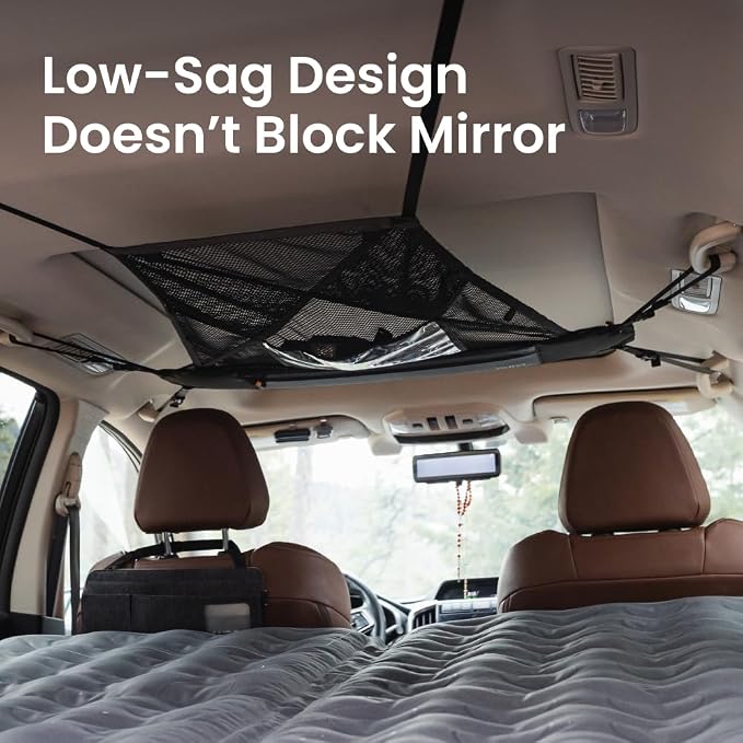 LUNO Ceiling Cargo Net - Car Roof Storage w/Multiple Pockets, Hangout Loops & Tab Pocket for Long Road Trip & Camping - 36" x 52" Car Camping Essentials Organizer for SUV - XL
