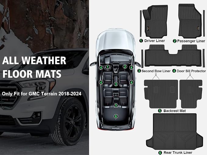 Floor Mats Custom for GMC Terrain 2018-2024 | All Weather TPE Rubber Floor Liners, Cargo Liner, Backrest Mat & Door Sill Protectors Full Set for Terrain Accessories, Black