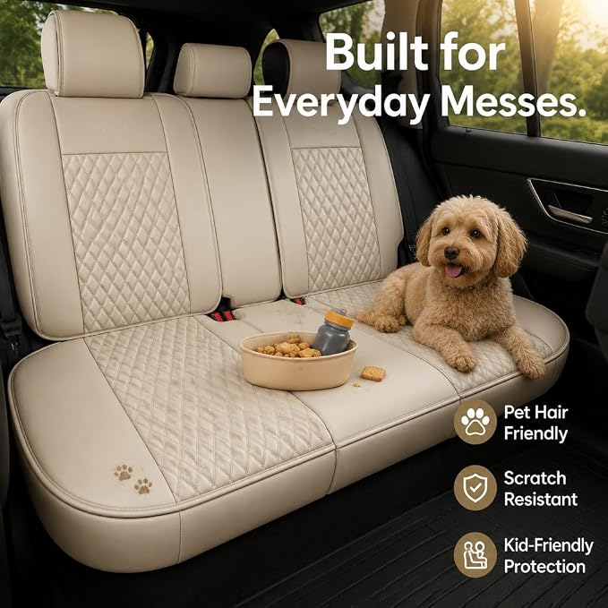 Beige High-Density Nappa Leather Automotive Car Seat Covers Full Set | Univerasal Precision Fit,3D Contoured,Full Coverage,Waterproof,ThickTexture Nappa Leather,for most Suvs Trucks Sedans