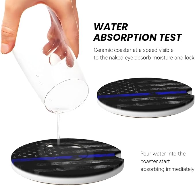 Vintage Thin Blue Line American Flag Absorbent Ceramic Car Coasters 2 Pack Insert Cupholder Coaster Car Cup Holder Mat with Finger Notch Anti-Slip Cork Base Reusable Drink Coasters 2.56 in