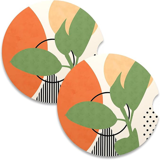 Nipichsha Car Coasters for Cup Holders, 2 Pack Absorbent Ceramic Car Cup Holder Coaster for Drinks, Cute Auto Assecories for Women Men, Size 2.56 in with Finger Notch & Cork Base, Modern Abstract Art