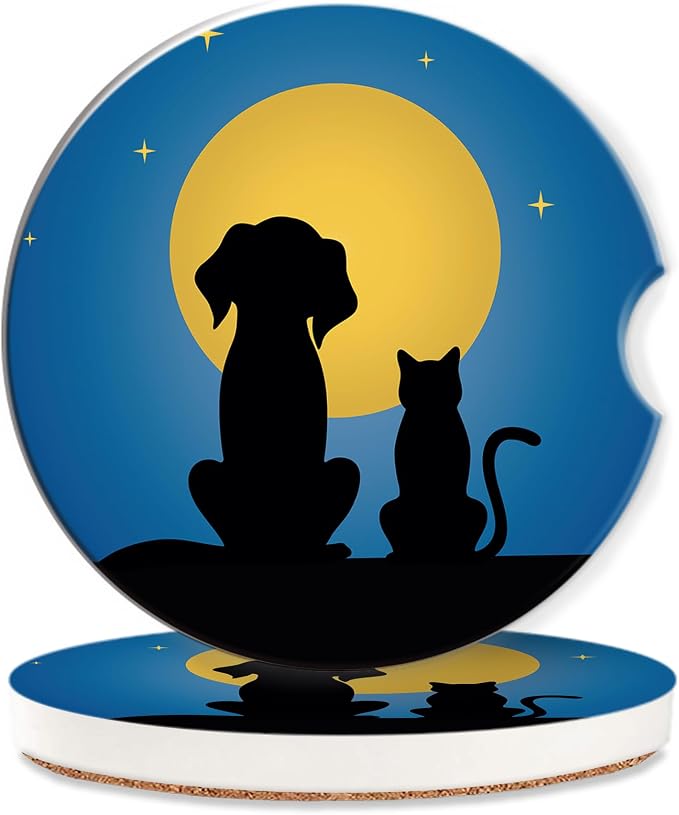 Dog Cat Car Cup Holder Coaster,Moon Night Starry Sky Car Coasters for Cup Holder,2 PCS Absorbent Insert Ceramic Car Assecories with Cork Back & Finger Notch for Women Men